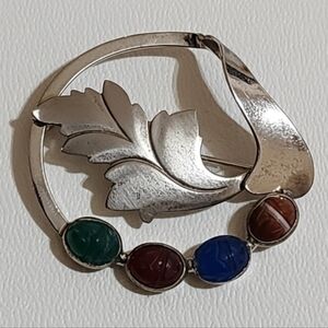 Vintage Sterling Silver Multi-Stone Mid Century Egyptian Rev. Scarab Leaf Brooch